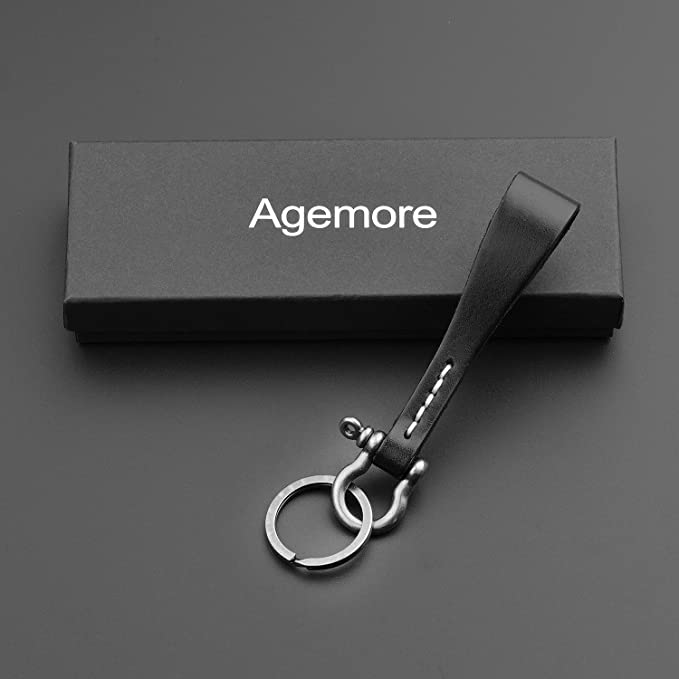 Leather Keychain Leather Key Ring, Cowhide Smooth Soft Classic Key Chain Fob for Man and Women by Agemore (Black)