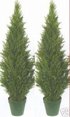 Two 4 Foot Artificial Topiary Cedar Trees Potted Indoor Outdoor Plants