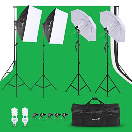 Andoer Photography Umbrellas Softbox Continuous Lighting Kit, 6.5ft x 9.8ft Background Support System - Black White Green Non-Woven Backdrops 3Pcs Fish-Like Clip 5Pcs Retaining Clip for Photo Studio