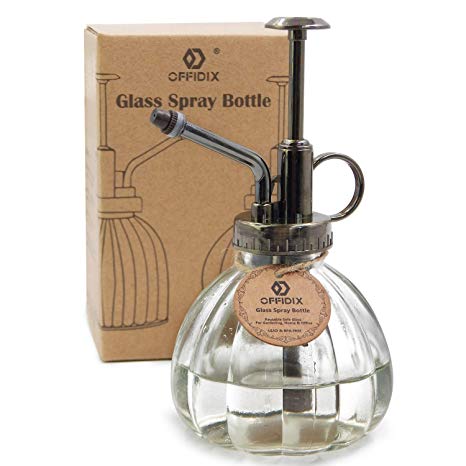 OFFIDIX Glass Watering Spray Bottle, 6.3" Tall Vintage Style Spritzer with Bronze Plastic Top Pump One Hand Watering Can (Transparent)
