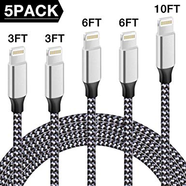 Binecsies MFi Certified iPhone Charger Lightning Cable 5 Pack [3/3/6/6/10FT] Extra Long Nylon Braided USB Charging & Syncing Cord Compatible iPhone Xs/Max/XR/X/8/8Plus/7/7Plus/6S/6S Plus/SE/iPad/More