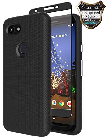 Google Pixel 3a Case with [Tempered Glass Screen Protector] Nuomaofly Anti-Slip Hard Silicone Textured Shell Back Cover with Armor Durable Protection for Google Pixel 3a (Black)