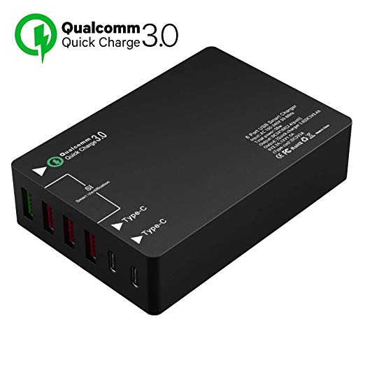 PDR USB Type-C Charge Quick Smart Wall Charging Hub 50W10A 6-Port Fast Rapid Portable Charger with Smart Identification Compatible with iPhone, iPad, Samsung & Multi USB Devices - Black