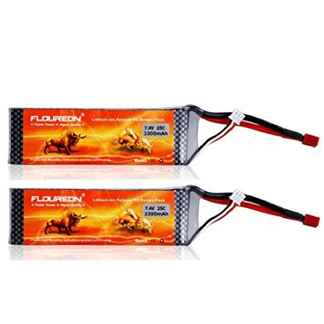 Floureon 2 Packs 7.4V 3300mAh 2S 25C Li-Polymer Lipo RC Battery Packs with T Plug Connector for RC Airplane RC Helicopter RC Car RC Truck RC Boat UAV Drone FPV