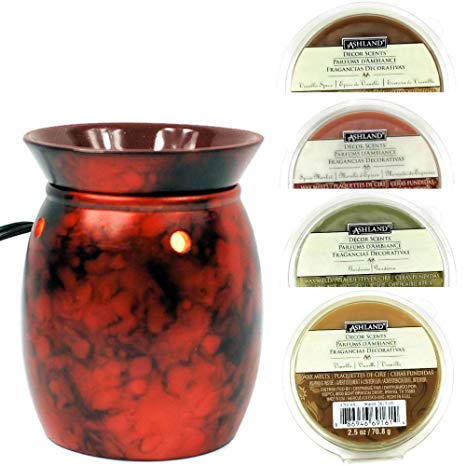 4 Pack Tart Melts and Candle Wax Melt Warmer Bundle Cranberry Mottled Red Electric Fragrance Aroma and Melts Gift Set Vanilla, Spice, Gardenia