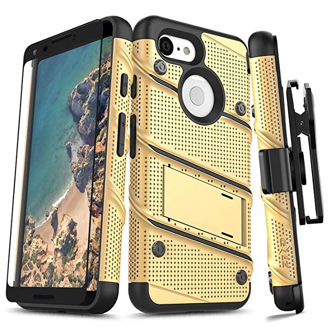 Zizo Bolt Series Compatible with Google Pixel 3 Case Military Grade Drop Tested with Full Glass Screen Protector Holster and Kickstand Gold Black