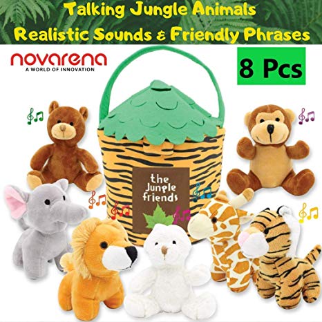 NOVARENA 8 Pcs Plush Talking Jungle Animals Toys Set & Carrier | Play Sounds | 6" Zoo Stuffed Animals Giraffe Elephant Lion Bear Bunny Monkey Tiger | Birthday