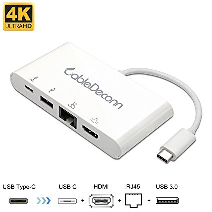 CableDeconn Thunderbolt 3 USB Type-c hub HDMI Gigabit Ethernet RJ45 USB3.0 USB C Charging 4in1 Adapter Cable Converter for 2017 Macbook Pro Dell XPS (White)