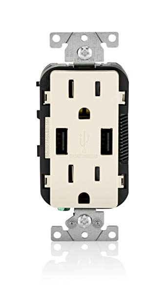 Leviton T5632-T 15-Amp USB Charger/Tamper Resistant Duplex Receptacle, Light Almond