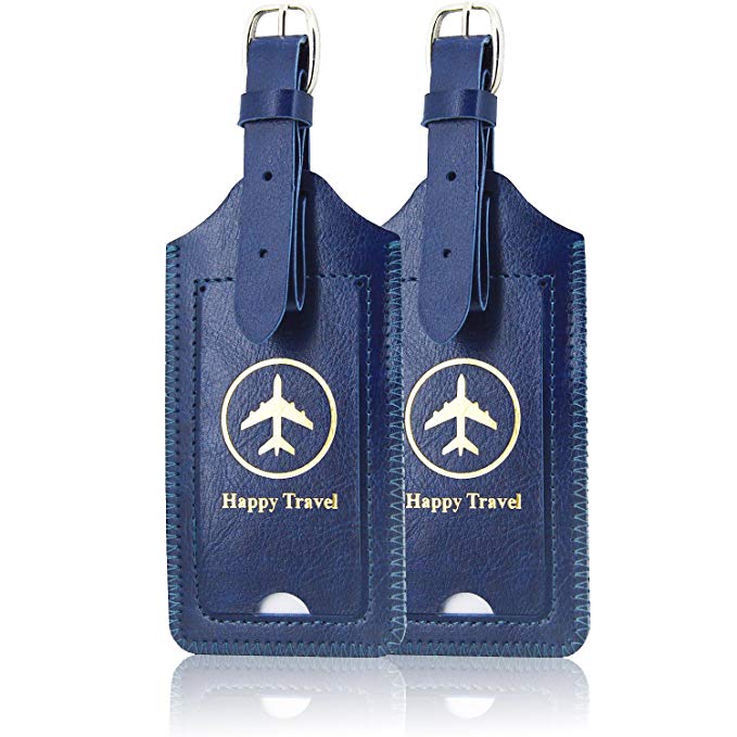 [2 Pack]Luggage Tags, ACdream Leather Case Luggage Bag Tags Travel Tags 2 Pieces Set, Dark Blue