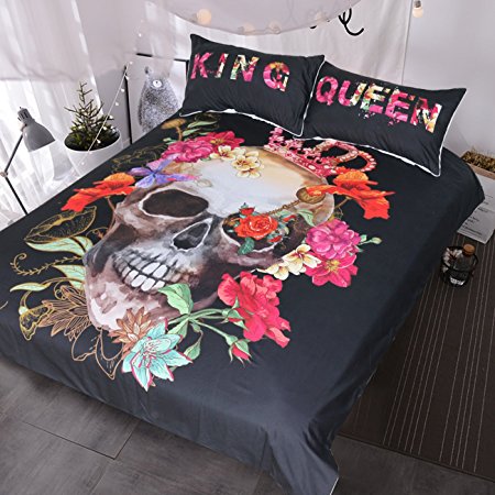 Blessliving Crowned Floral Skull Duvet Cover Red Pink Peony Bouquet King and Queen Bedding Set for Couple Gothic Bed Set (Twin)