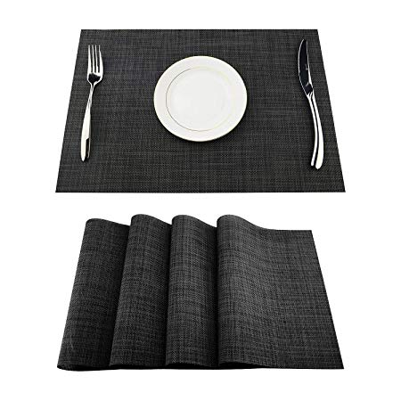 Beaverve Placemats for Dining Table, Black Woven Vinyl Placemats for Kitchen Table Heat-Resistant Non-Slip Table Placemats, Durable Place Mats for Dinner Table, Washable Placemats Table Mats Set of 4