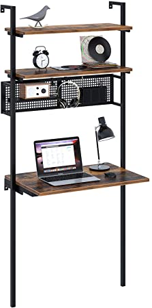 Rolanstar Computer Desk with Storage Shelves, Wall Mounted Home Office Floating Writing Desk, Laptop Study Table Workstation,Retro Industrial Style, Stable Metal Frame, Rustic Brown