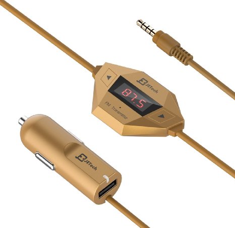 FM Transmitter, JETech Wireless FM Transmitter Radio Car Kit for Smart Phones bundle with 3.5mm Audio Plug and Car Charger (Gold) - 0790A