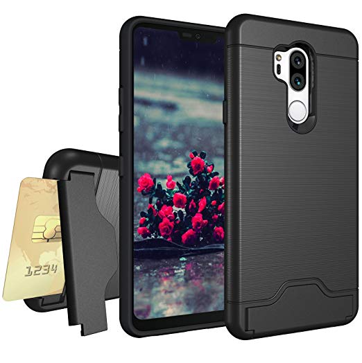 LG G7 ThinQ/Fit / One Case, OEAGO [Card Slot] [Brushed Texture] Heavy Duty Hybrid Dual Layer Wallet Cover with Card Holder Slot Stand Shockproof Protective Phone Cases for LG G7 ThinQ 2018 - Black