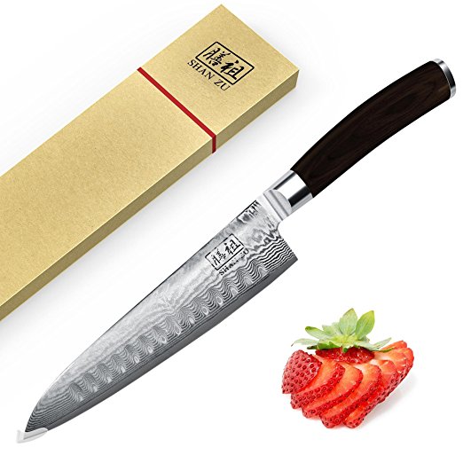 SHAN ZU Janpanese Damascus Knife 8’’ VG10 Steel Blade Professional Chef Knife Utility Kitchen Cutlery Brown Wood Handle with Gift Box