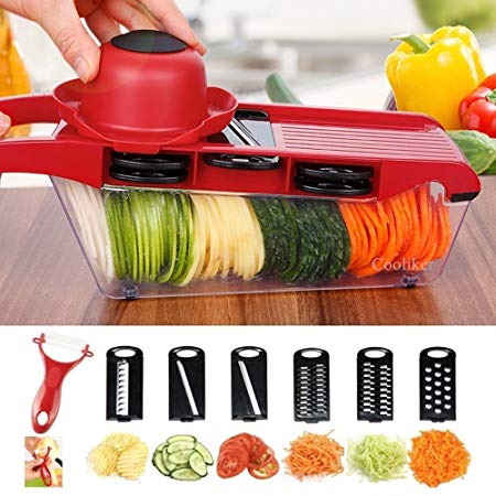 Vegetable Fruit Muti_Function Chopper, Cooliker Mandolines Kitchen Cutter Grater Slicer 6 Interchangeable Blades with Peeler,Hand Protector,Food Storage Container - Cutter for Potato,Tomato,Onion,Cheese,Cucumber etc