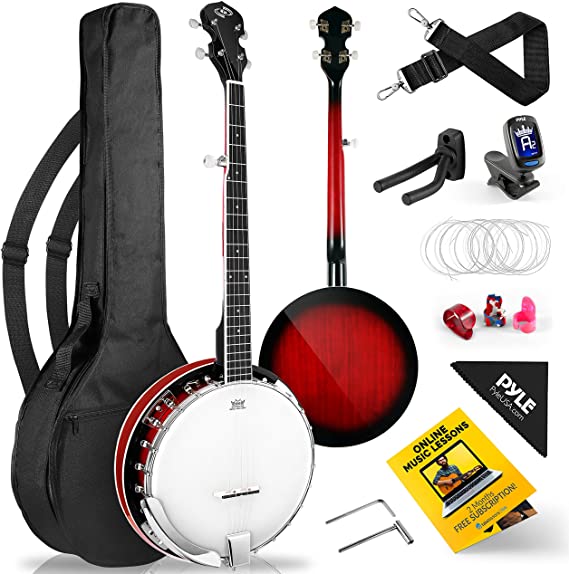 Pyle, 5 String Resonator Banjo Size 24 Bracket, Geared 5th Professional Instrument w/Remo Drum & Hardwood Back-Full Beginner Starter Kit Gig Bag, Tuner, Picks, Strap, Tools