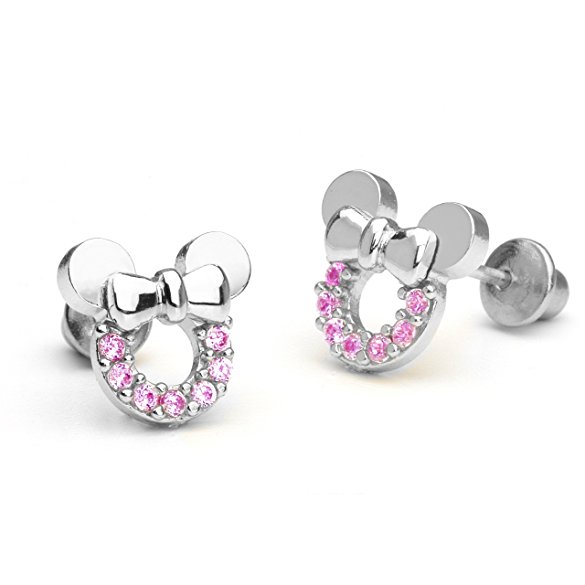 Sterling Silver Rhodium Plated Pink Mouse Cubic Zirconia Screwback Baby Girls Earrings