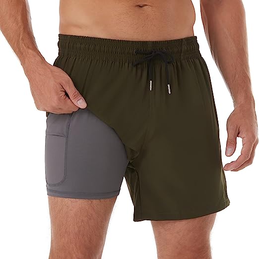 BRISIRA Swim Trunks Men Quick Dry Swim Shorts 5 inch Inseam Stretch Water Beach Shorts with Compression Liner Zipper Pocket