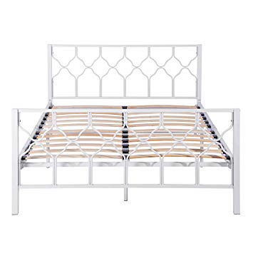 Aingoo Double Bed Frame Solid 4ft 6 Metal Bed with Wood Slats for Adults Children Kids Fits for 135 * 190 cm Mattress White