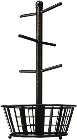 Gourmet Basics by Mikasa 5172783 Band and Stripe Metal 6-Cup Mug Tree with Storage Basket, Black