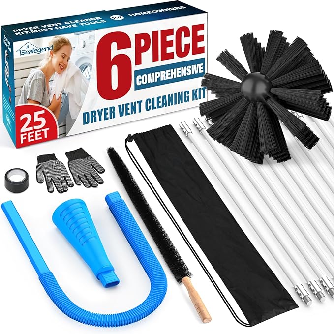 Sealegend 6-Piece Dryer Vent Cleaner Kit Omnidirectional Dryer Cleaning Kit Includes 25 Feet Dryer Vent Brush, Blue Dryer Lint Vacuum Attachment & Dryer Lint Trap Brush