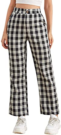 DIDK Women's Casual Plaid Pants High Waist Tartan Straight Leg Pants