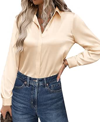 Zeagoo Satin Blouses for Women Casual Long Sleeve Button Down Silk Shirts Dressy Business Work Tunic Top