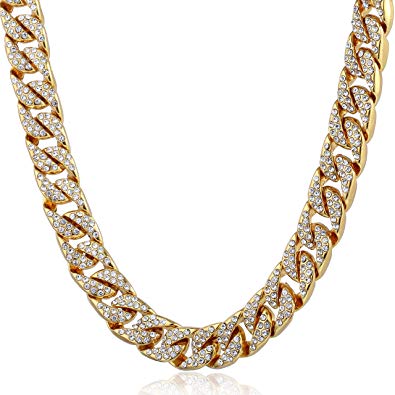 Trendsmax 14mm Mens Womens Hiphop Necklace Chain Iced Out Curb Cuban Yellow Gold Plated GF w Paved Clear Rhinestones