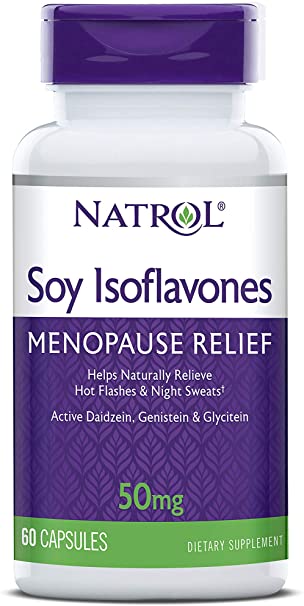 Natrol Soy Isoflavones Capsules, Menopause Relief, Helps Naturally Relieve Hot Flashes and Night Sweats, Active Daidzein, Genistein and Glycitein, Non-GMO Soy, 50mg, 60 Count