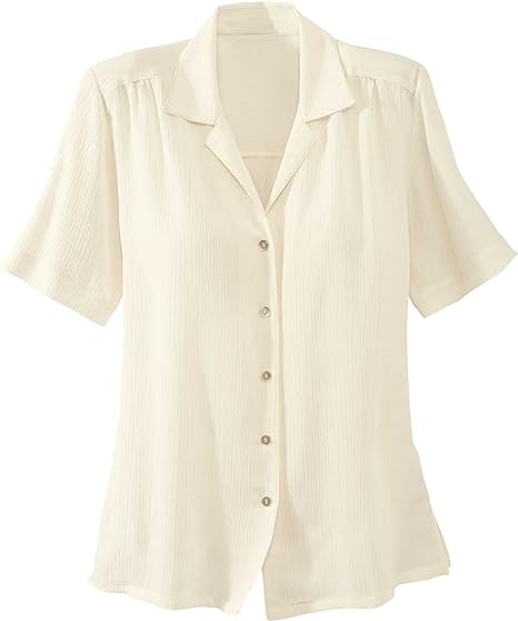 National Donnkenny Solid Camp Shirt - Womens Blouse, Wrinkle Resistant, Easy Care, Travel Friendly