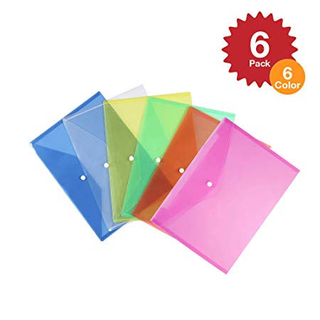 Multicolored Clear Document Folder with Snap Button ~ Poly Filing Envelope Stores US Letter / A4 Size Paper ~ 6 Assorted Colors (Multi Color- Set of 6)
