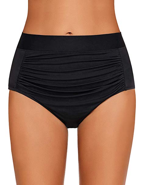 luvamia Women's High Waist Ruched Bikini Bottom Solid Swim Shorts Tankini Brief