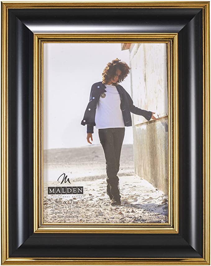 Malden International Designs Black and Gold Fashion Wood Picture Frame, 5x7, Black