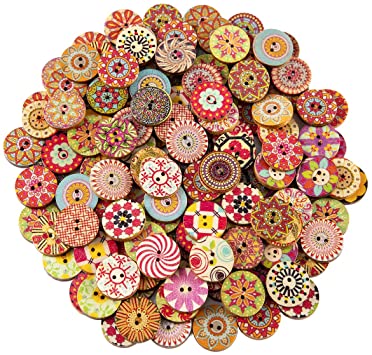 Biubee 200 pcs Wooden Buttons Mixed Color Pattern 2 Holes Wood Buttons for Sewing Art Craft DIY Suppliers 20mm