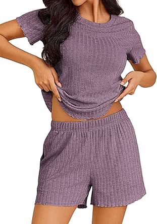 Ekouaer Pajamas Sets for Women Ribbed Knit Lounge Sets Soft Short Sleeve Floral Hems Pjs Casual Sleepwear Set