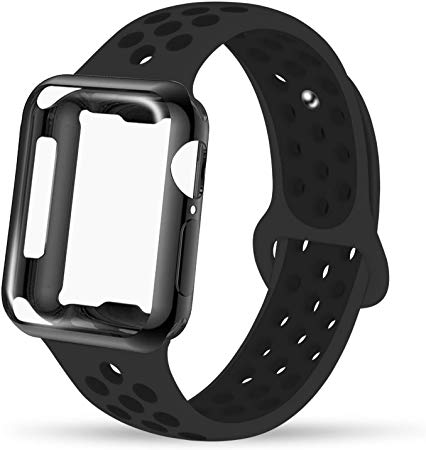 INTENY Compatible for Apple Watch Band 38mm 40mm 42mm 44mm with Case, Soft Silicone Sport Wristband with Apple Watch Screen Protector Compatible for iWatch Apple Watch Series 5, 4, 3, 2, 1