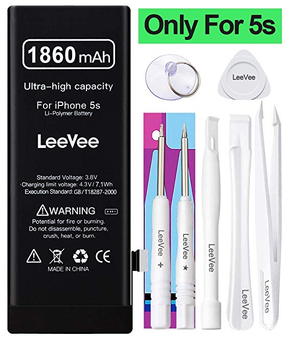 1860mAh High Capacity Replacement Battery Compatible with iPhone 5S and 5C, 0 Cycle Li-Polymer Replacement Battery for iPhone 5S & 5C with Repair Tools Kits, Adhesive Strips & Instruction