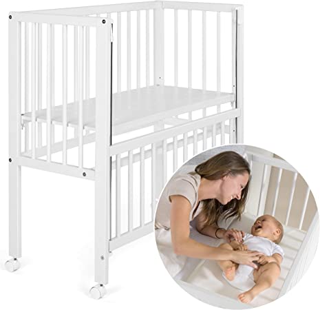 Fillikid Convertible Bedside Crib Vario 2in1 - Height Adjustable Bedside Cot with Wheels / 90 x 40 cm/Solid Beech Wood/Drop Side Rail/Fits Boxspring Beds - White