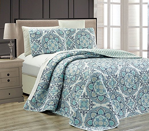 Fancy Collection 3 pc Bedspread Bed Cover Modern Reversible White Navy Blue Light Blue New # Linda Blue (Full/Queen)