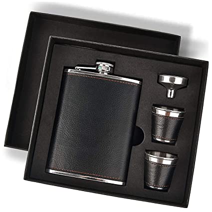 Hip Flask Gift Set,Hip Flasks for Liquor for Men with Black Leather Cover,8 Oz Hip Flask Set, 18/8 Stainless Steel Hip Flasks for Liquor with 2 Cups & Funnel, Flasks for Liquor for Men Gift Box