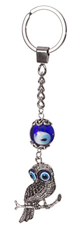 Blue Evil Eye Owl on Branch Charm Key Ring Keychain
