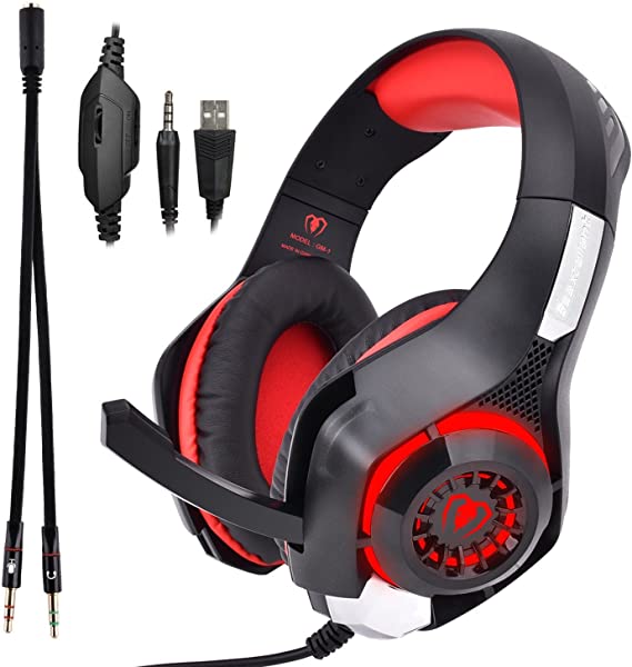 Beexcellent GM-1 Over-Ear Wired 3.5mm Pro Gaming Headset Surround Sound Gaming Headphone with LED Effect and Microphone for PC, Laptop, Tablet, PS4, Xbox, Cell Phone (Red)