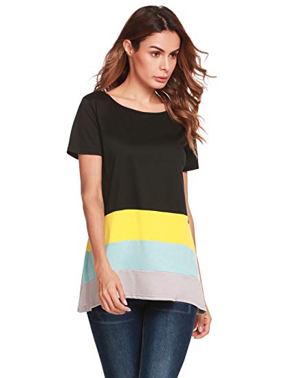Easther Women's O-Neck Short Sleeve Colorblock Tee Shirt Summer Casual Loose Tunic Tops