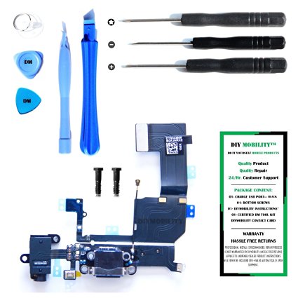 iPhone 5C Charge Port Dock, and Headphone Jack Flex Cable (Black) Replacement Kit with DM Tools and Instructions Included - DIYMOBILITY