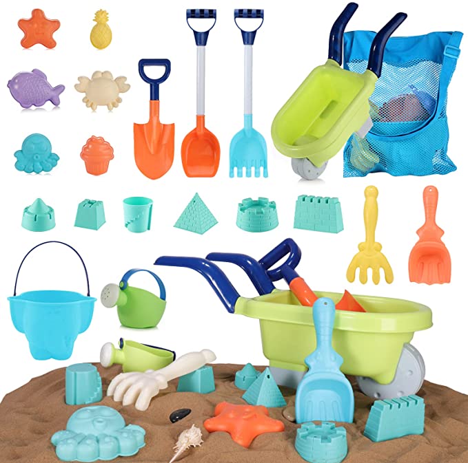 SHANNA Kids Beach Toys Toddlers Outdoor Beach Sand Toy Set with Big Handcart Spade Bucket Castle Molds Soft Plastic Material