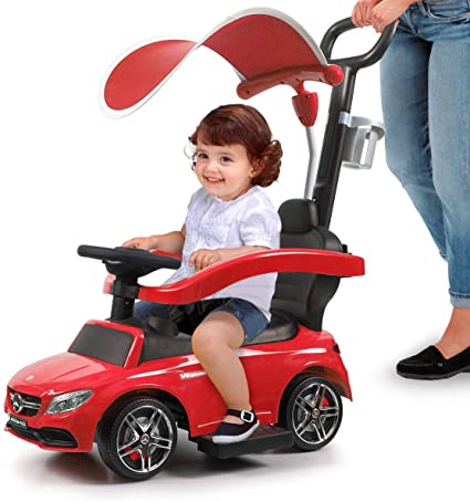 JAXPETY Kids Ride-On Push Car Foot Operated Walker w/ Canopy, Safety Barrier and Storage Space (Red)