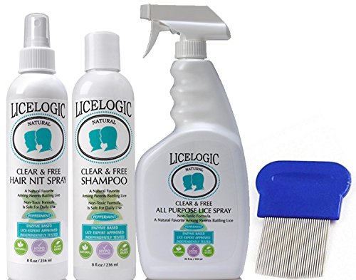LiceLogic Family Sized Lice Treatment Kit - Natural, Safe, Hypoallergenic Super Lice & Nit Treatment Kit - Shampoo, Hair Spray, Household Spray and Comb - Peppermint