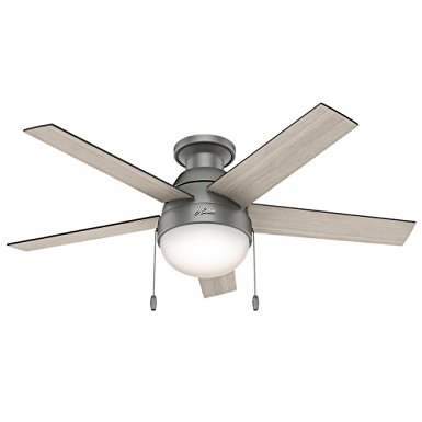 Hunter 59270 Anslee Low Profile Matte Silver Ceiling Fan With Light, 46"